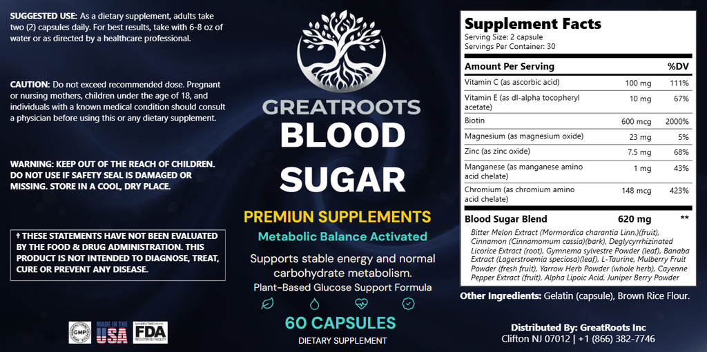 Blood Sugar Balance - Advanced Metabolic & Glucose Support Formula | 60 Capsules | GreatRoots